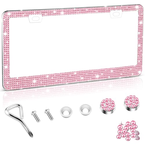 Amiss Bling License Plate Frame for Women, 1Pack Rhinestone Handcrafted Crystal Premium Stainless Steel, Stainless Steel Car Accessories with Diamond Sparkle Glitter Caps (Pink) - color: Pink, size: 1pc