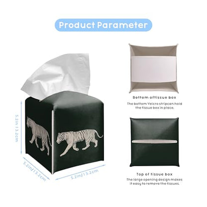Tiger 5.2-Inch Square PU Leather Tissue Box Cover – Tiger Print, Tiger Decor, Hand-Stitched, Removable Liner, Bathroom, Bedroom, Living Room, Office, Car - color: White