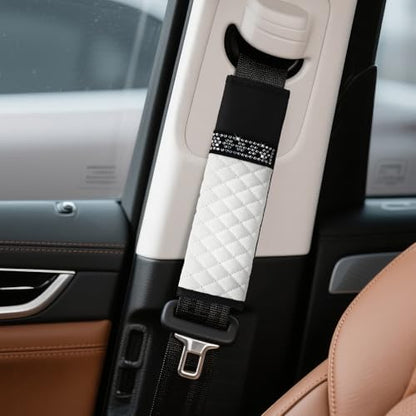 wuyaoyao 2PCS Bling Car Seat Belt Cover Pad, Breathable Leather Seatbelt Covers for Cars, Soft Comfortable Seatbelt Shoulder Strap Covers, Rhinestone Auto Seat Belt Protector Cushion (White) - color: White