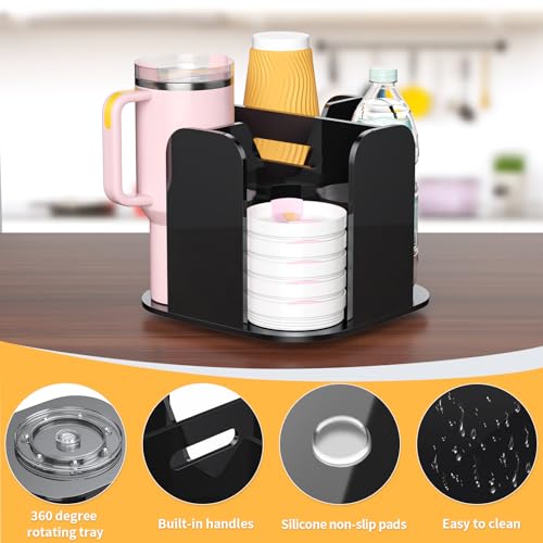 4-Compartment Countertop Cup Dispenser - Black Acrylic Cup and Lid Carousel Coffee Bar Accessories Rotating Beverage Cup Holder Disposable Paper Cup Organizer for Restaurant Kitchen Breakroom - color: Black