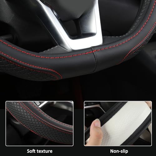 Customized Auto Car Steering Wheel Cover for Nissan,D Shaped Steering Wheel Cover for Rogue,Altima,Kicks (D-Shaped-Black+Red Line)