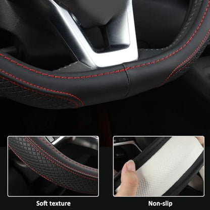 Customized Auto Car Steering Wheel Cover for Nissan,D Shaped Steering Wheel Cover for Rogue,Altima,Kicks (D-Shaped-Black+Red Line)