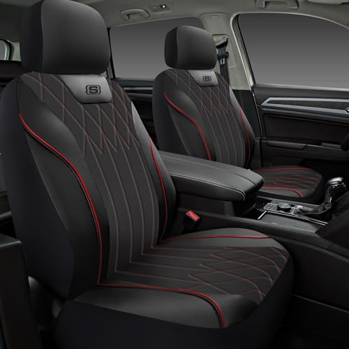 Skechers Seat Covers Memory Foam-Piping Leather Car Seat Covers, Ultimate Comfort & Support Front Seat Covers Airbag Compatible, Automotive Universal Fit Most for SUVs, Vans, Sedans, Cars, Trucks,Red - color: Red