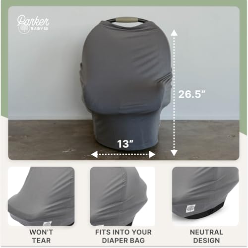 Parker Baby 4 in 1 Car Seat Cover for Girls and Boys - Stretchy Carseat Canopy, Nursing Cover, Grocery Cart Cover, High Chair Cover - “Pewter” - color: Pewter