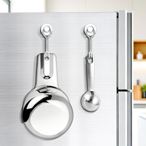 Measuring Cup and Spoon Organizer, 12 Pack 30lbs Strong Magnetic Hooks Hanging Cups and Spoons, Magnetic Kitchen Hooks Utensil Hanger Holder for Refrigerator, Cruise Cabins, Garage Silver