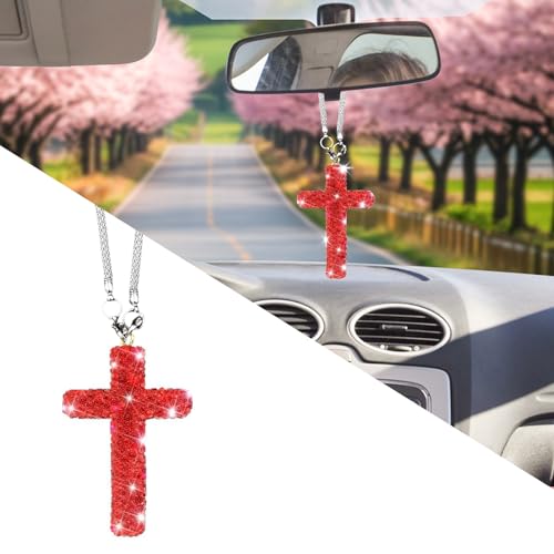 starfa lab Bling Car Rear View Mirror Accessories Hanging Pendant,Cross Crystal Rhinestone For Car Mirror Hanging,Double-Sided Cross Diamond Religious,Interior Men Women Car Accessories - color: Red