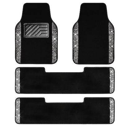 CAR PASS 3 Row Bling Diamond Car Mats Shining Carpet Rhinestones Sparkly Glitter Floor Mats Anti-Slip PVC Heel Pad Universal for Automotive SUV,Sedan,Van, 3rd Row 2 Rear for Girl Women, Black Silver - color: Black White