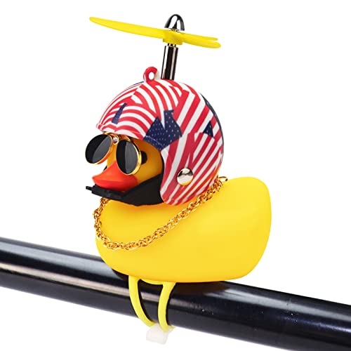 Rubber Duck Toy Car Ornaments Yellow Duck Car Dashboard Decorations Squeeze Duck Bicycle Horns with Propeller Helmet - color: American Flag-Light
