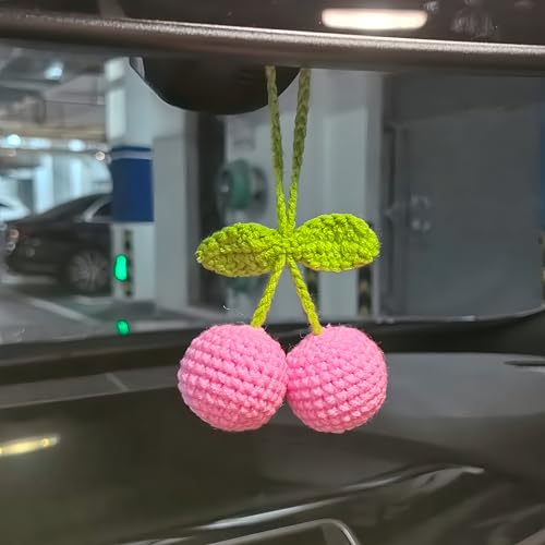 Car Rear View Mirror Hanging Accessory, Cute Pink Cherry Car Accessories, Crochet Car Decor, Hand Knitted Car Mirror Hanger - color: Pinkcherry