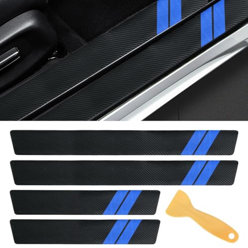 Car Door Sill Protector, Carbon Fiber Texture Threshold Sticker, Car Door Edge Guard with Scraper, Front/Rear Car Door Sill Protector Strip, Door Entry Guard Decoration Accessories (Blue, 5PCS) - color: Blue