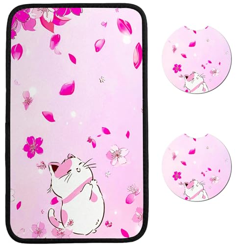 Universal Auto Center Console Pad and 2Pcs Car Coasters Set, Anti Slip Soft Neoprene Car Armrest Seat Box Cover Protector for Most Vehicle - Car Interior Accessories, Pink Flower Cat
