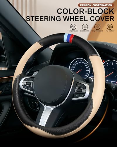 Customized Auto Car Steering Wheel Cover for BMW X1,X2,X3,X4,X5,X6,X7,i3,i4,i5,14.5-15 inch (Beige)
