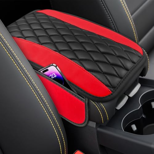 Car Center Console Cover, Anti-Slip Leather Car Armrest Decor Cushion with 2 Storage Bags, Double Color Auto Armrest Box Pad Cover, Universal Protective Cover for Cars Trucks SUV (Red) - color: Red
