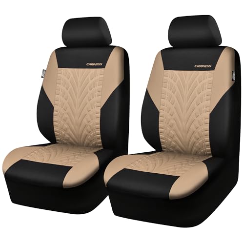 CAR PASS Car Seat Covers Two Front Only for Car, 3D Tyre Print Automotive Interior Covers, Airbag Compatible, Quick Setup Universal Fit Seat Covers for Car, Truck, SUV(Black and Beige) - color: Beige and Black, size: Two Front