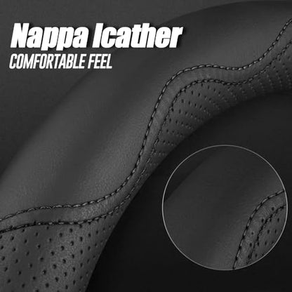 Nappa Premium Leather car Steering Wheel Cover, Non-Slip, Breathable, Universal 15 inches