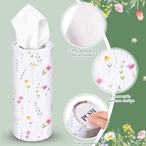 Outus 12 Pcs Floral Car Tissue Holder Cylinders with 3 Ply Facial Tissue Bulk, Portable Paper Dispenser for Cup Holder, Travel Bathroom Table Decor, Tissues Boxes Container for Home Office Party - style: Wildflower