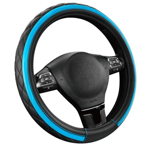Road Comforts Leather Steering Wheel Cover – Black & Blue, Universal Fit 14.5-15 Inch, Microfiber Leather, Anti-Slip & Breathable Design for Men and Women - color: Lighet Blue