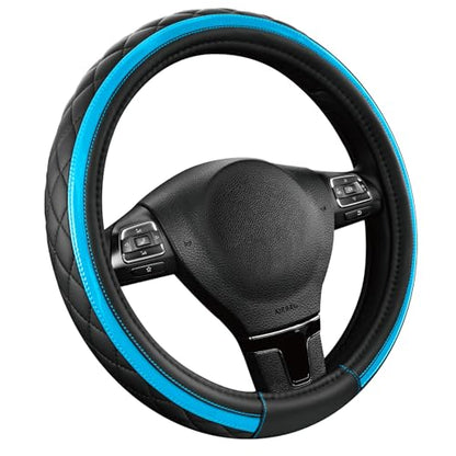 Road Comforts Leather Steering Wheel Cover – Black & Blue, Universal Fit 14.5-15 Inch, Microfiber Leather, Anti-Slip & Breathable Design for Men and Women - color: Lighet Blue