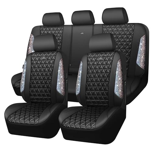 CAR PASS Bling Diamond Leather Car Seat Covers Full Seats Interior Sets, Waterproof Shining Glitter Sparkly Crystal Universal Armrest Automotive Truck SUV Cute Women Girl, Black Multicolor Rhinestone - color: Bedazzed Multicolor Rhinestone, size: Full Set