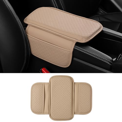 Cxtiy Upgraded Car Center Console Cover,Microfiber Leather Car Armrest Cover Cushion with 2 Storage Bags,Universal Car Armrest Storage Box Car Interior Accessories for Most Vehicles (Beige)