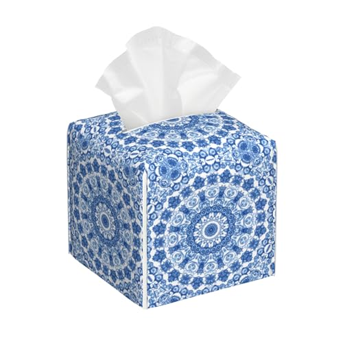 Boho Mandala Flower Tissue Box Cover Square, Blue and White Porcelain Floral Tissue Box Holder Waterproof Leather Facial Paper Organizer Dispenser for Bathroom Home Car Nightstand Vanity Desk - color: Color-20