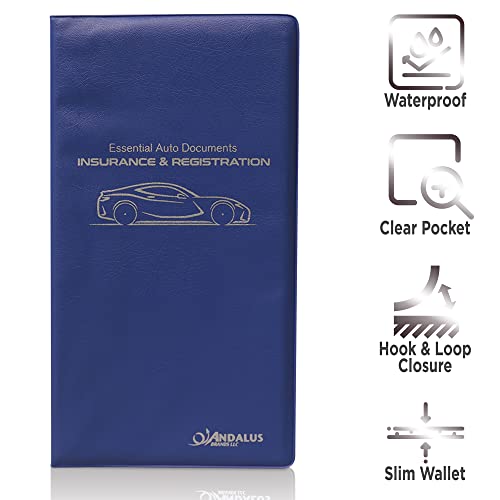 Andalus Auto Registration & Insurance Card Holder Pack of 2, Waterproof Essential Car Registration Holder with Hook & Loop Closure, Perfect for Every Vehicles Glove Boxes (Blue - 9.5" x 5.15") - color: Blue