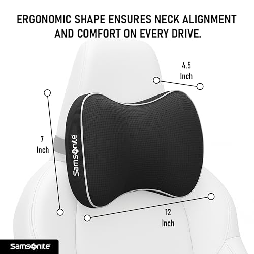 Samsonite Car Neck Pillow, Soft Memory Foam Headrest Pillow for Driving, Ergonomic Car Seat Headrest Cushion with Adjustable Strap, Breathable & Removable Cover, Neck Pain Relief, Black
