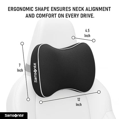 Samsonite Car Neck Pillow, Soft Memory Foam Headrest Pillow for Driving, Ergonomic Car Seat Headrest Cushion with Adjustable Strap, Breathable & Removable Cover, Neck Pain Relief, Black