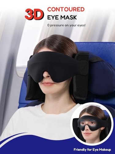 Travel Pillow for Airplane, Travel Pillow with Seat Strap and 3D Eye Mask to Firm Head, 360°Support Headrest No Bobblehead, Travel Essentials for Long Flight,Car Road Trip,Mottled Red