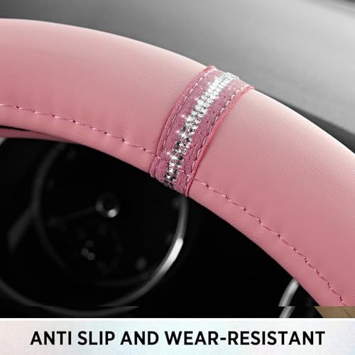 Road Comforts Leopard Steering Wheel Cover for Women, Cute Anti-Slip Microfiber Leather, Fits D Shape Flat Bottom Steering Wheel 14.5-15 Inch - Pink and Pink Leapoard - color: D Shape-All Pink