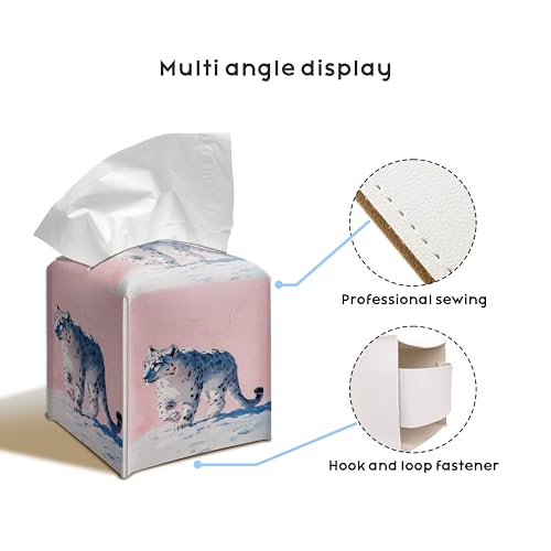 Snow Leopard Art 5.2-Inch Square PU Leather Tissue Box Cover – Hand-Stitched, Removable Liner, Bathroom, Bedroom, Living Room, Office, Gift for Snow Leopard & Animal Lovers - color: Snow Leopard
