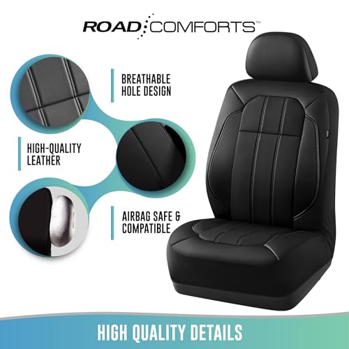 Road Comforts Car Seat Covers, Breathable Leather Seat Covers, Car Seat Covers Full Sets Airbag Compatible, Automotive Seat Covers for Most Cars, Vans, Trucks, SUV - Black