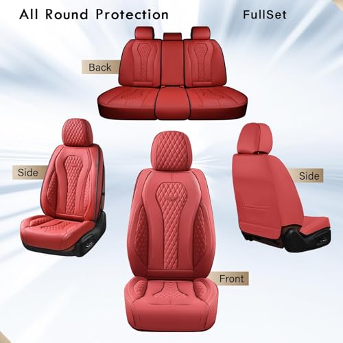 Coverado Car Seat Covers Full Set, Seat Covers, Car Seat Cover, Car Seat Covers Front Seats Back Seat Cover, Waterproof Car Seat Cushion, Leather Red Seat Covers Seat Protector Universal Fit Most Cars - color: Full-Red, size: FullSet