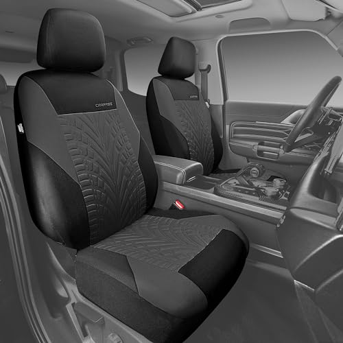 CAR PASS Emboss Tyre Front Seat Covers, Universal Fit Elastic Breath Premium Cloth seat Covers Front Seats only for Truck SUV Sedan, Airbag Compatible, Charcoal on Black - color: Black and Charcoal, size: Two Front