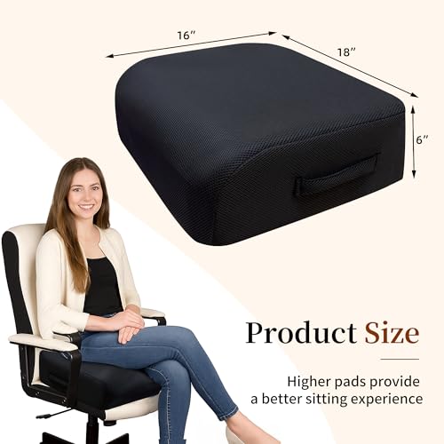 6" Extra Thick Memory Foam Office Chair Cushion – 2-Layer Booster Seat for Back & Tailbone Pain Relief, 18 x 16 x 6in Non-Slip Cushion with Carry Handle for Wheelchair, Car, and Airplane