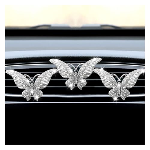 3PCS Bling Butterfly Car Air Vent Clips, Crystal Rhinestone Car Vent Clip, Cute Diffuser Car Vent Clip, Car Interior Decoration Charm Accessories for Girl Women (White)