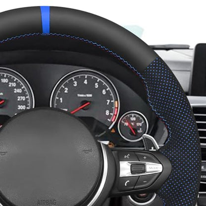 MEWANT Hand-Stitched Steering Wheel Cover for BMW (M Sport) F22 F23 F30 F34 F32 F33 F36 F10 F07 F12 F13 F06 F39 F25 F26 F15 F16, DIY Custom Fit Steering Wheel Wrap for BMW - color: 12:Genuine leather & IT-ALCAN with blue layer