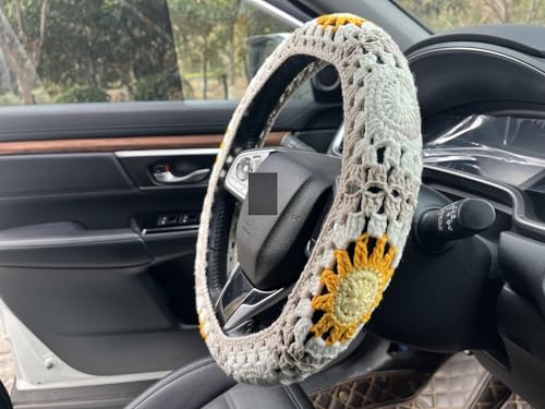 Handmade Crochet Sun Moon Car Steering Wheel Covers Universal 14-15 inch,Cute Steering Wheel Cover,Car Accessories (Steering Wheel Cover) - color: Steering Wheel Cover