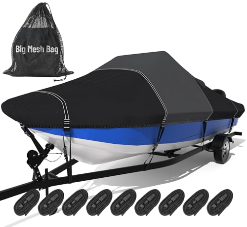 1600D+1200D Tearproof Center Console Boat Cover with 2" Wide Loops for Trailering and Mooring - Ultra Durable Waterproof Fits 14-16ft Center Console Boat, with Storage Bag - color: Black, size: 14' - 16' L, Beam Width UP to 90" W