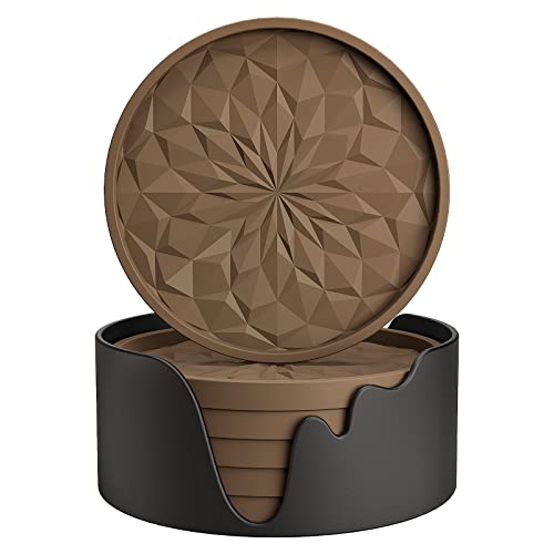 Silicone Coasters with Holder,[6 Pack] Drinking Coasters - Cup Mat for Hot or Cold Drinks, Thickened, Non-Slip, Non-stick,Deep Tray Coffee - color: Coffee