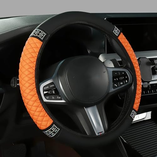 Bling Car Steering Wheel Cover, 15 Inch Rhinestones Soft Leather Elastic Steering Wheel Protector,Universal 15 Inch for Women Girls, Fit Vehicles, Sedans, SUVs, Vans, Trucks (Orange) - color: Orange