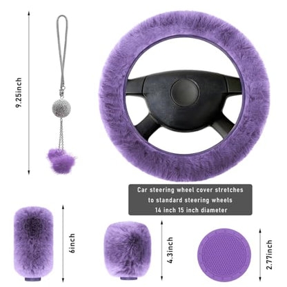 Yourkar 6 PCS Fluffy Steering Wheel Covers Set, 15 Inch Soft Steering Wheel Cover, Handbrake Cover & Gear Shift Cover & Cup Holder Coaster & Car Mirror Accessory, Car Accessories (Purple) - color: Purple