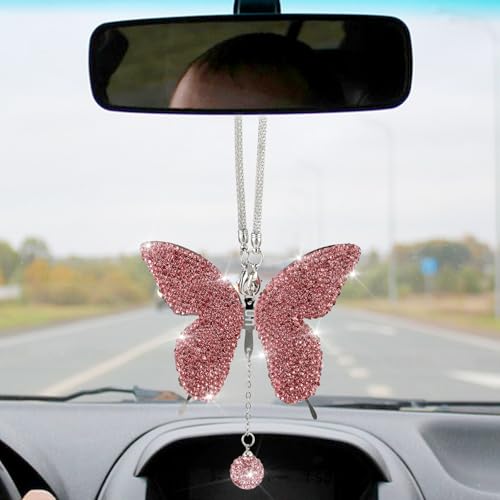 Bling Butterfly Diamond Car Hanging Accessories, Crystal Car Rear View Mirror Charms Lucky Hanging Interior Crystal Ornament Pendant Decor for All Cars(Pink) - color: Pink