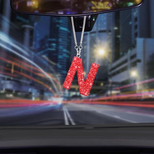 ToBeQueen Bling Letter N Car Charm Pendant Letter Hanging Ornament for Rear View Mirror Decoration (Red, N) - color: Red-n