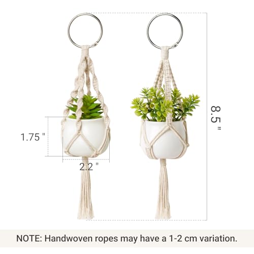 Dahey Mini Macrame Plant Car Accessories Rear View Mirrior Charm Cute Hanging Rearview Car Decor Boho Small Hanger with Artificial Succulent Plants for Plant Lover, 2 Pcs, 10.5 inch, White