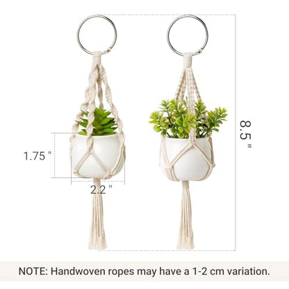 Dahey Mini Macrame Plant Car Accessories Rear View Mirrior Charm Cute Hanging Rearview Car Decor Boho Small Hanger with Artificial Succulent Plants for Plant Lover, 2 Pcs, 10.5 inch, White