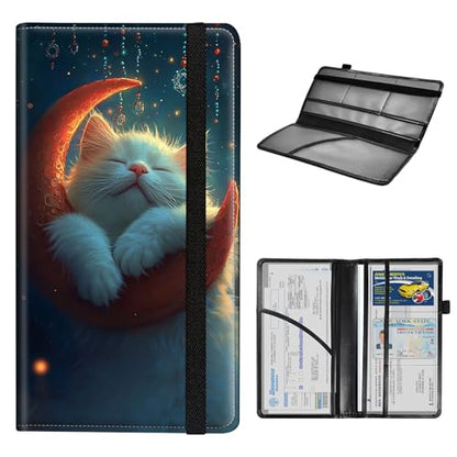 Car Registration and Insurance Holder for Women Men,Automobile License Document Card Holders Vehicle Glove Box Organizer Leather Accessories Driver Essential,Cat Sleeping on Moon - color: Cat Sleeping on Moon