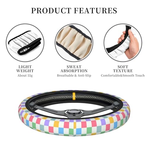 Checkered Steering Wheel Cover for Women,Universal Auto Steering Wheel 14-15 Inch Car Interior Accessories with 2PCS Car Coasters,Suitable for Men and Women - color: Colorful