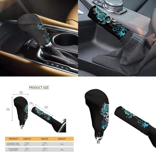 Green Rose Flower Car Accessories 6 Pcs Sets Skull Print Car Steering Wheel Cars Funny Cars Armrest Cover Handbrake Cover Auto Interior Sets - color: green rose skull