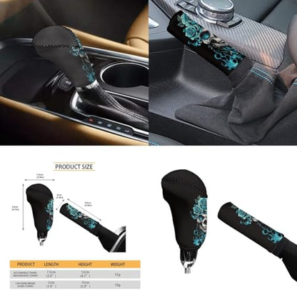 Green Rose Flower Car Accessories 6 Pcs Sets Skull Print Car Steering Wheel Cars Funny Cars Armrest Cover Handbrake Cover Auto Interior Sets - color: green rose skull